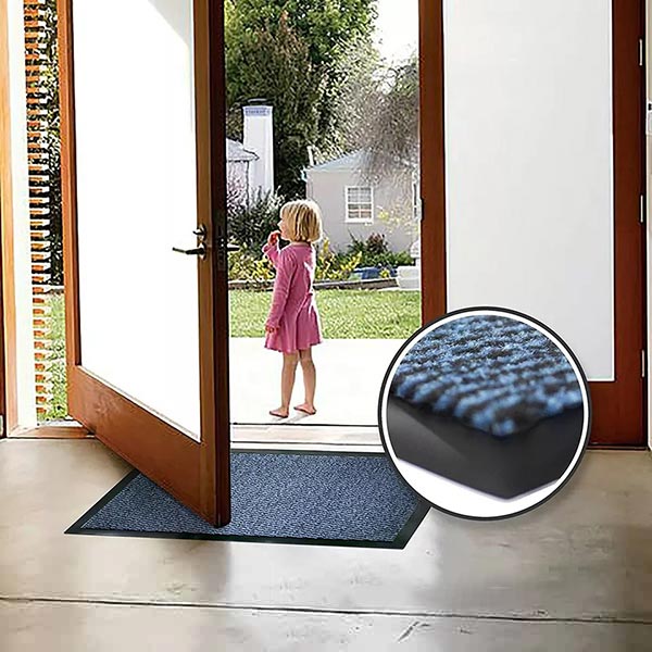 Blue and black heavy duty barrier door mat