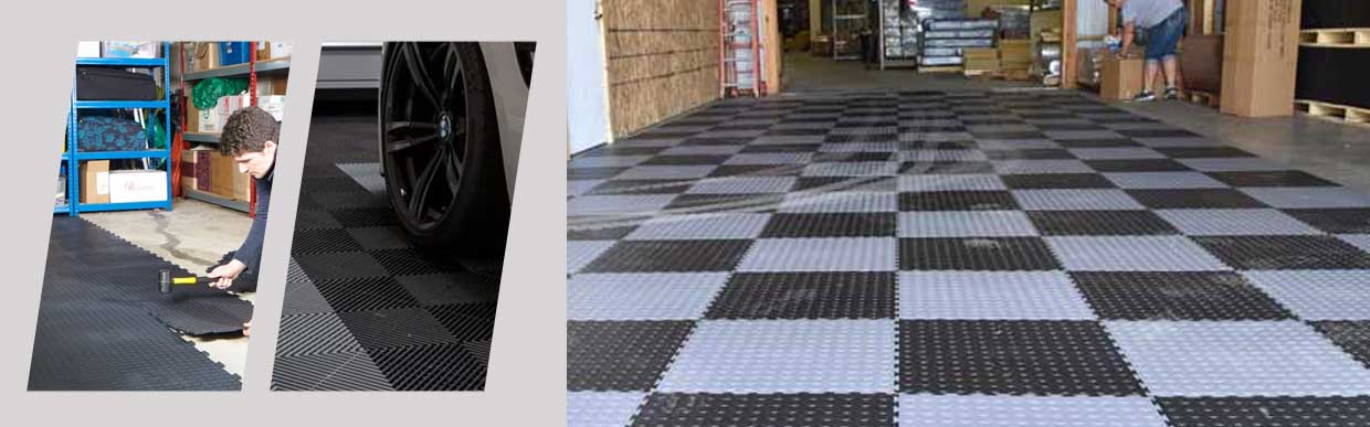 Worker standing on anti-fatigue rubber mat next to lightweight PVC mat in a professional UK garage, showcasing mat usage comparison