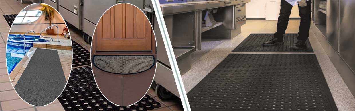Durable anti-slip floor mats installed in a professional restaurant kitchen with high foot traffic