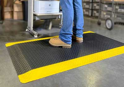 Shock-absorbing rubber mat in a UK industrial warehouse setting