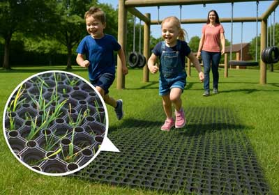 Why Rubber Grass Mats Are the Best Outdoor Flooring for UK Gardens & Play Areas, featuring a garden scene with a rubber mat and swing set